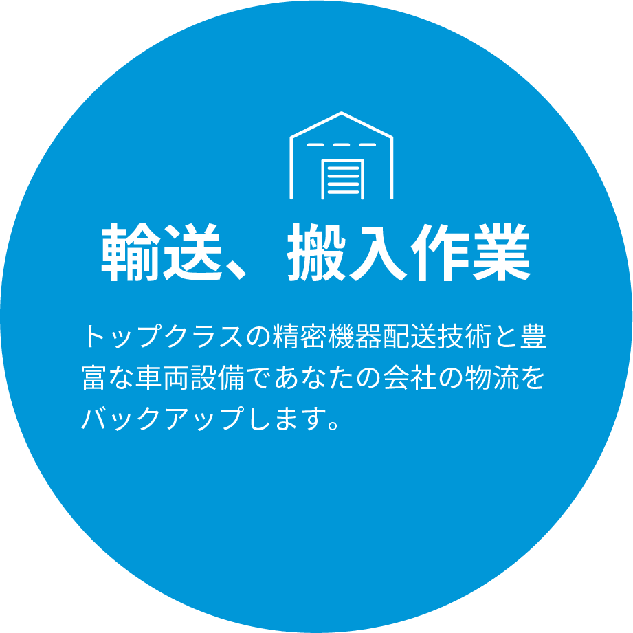 輸送、搬入作業 トップクラスの精密機器配送技術と豊富な車両設備であなたの会社の物流をバックアップします。